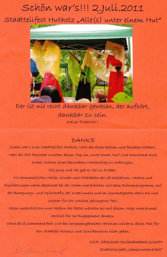 Dankesschreiben vom Stadtteilfest HUTHOLZ 