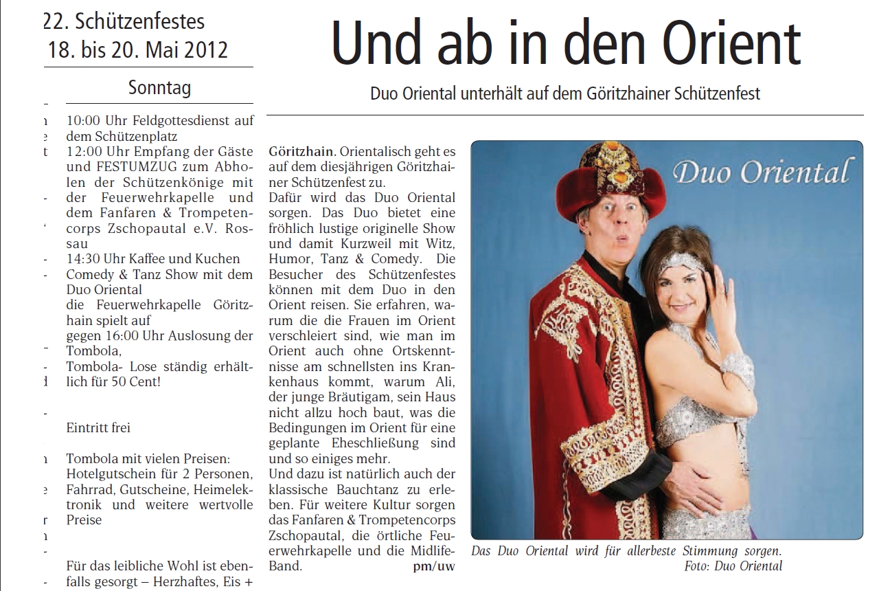 Presseartikel WOCHENSPIEGEL, Duo Oriental unterh�lt auf dem G�ritzhainer Sch�tzenfest